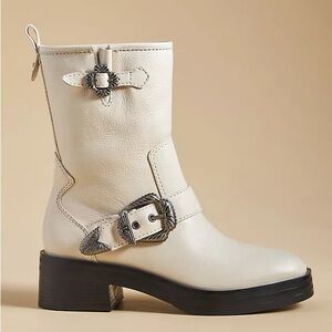 Larroude Lesther Hardy Boot Western Buckle Moto In Natural, Size 8